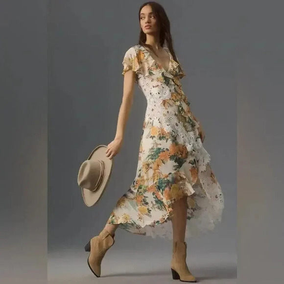 NWT By Anthropologie V-Neck Ruffle Lace Slip Dress Sz 6P Petite Ivory 9D410 - Picture 3 of 14